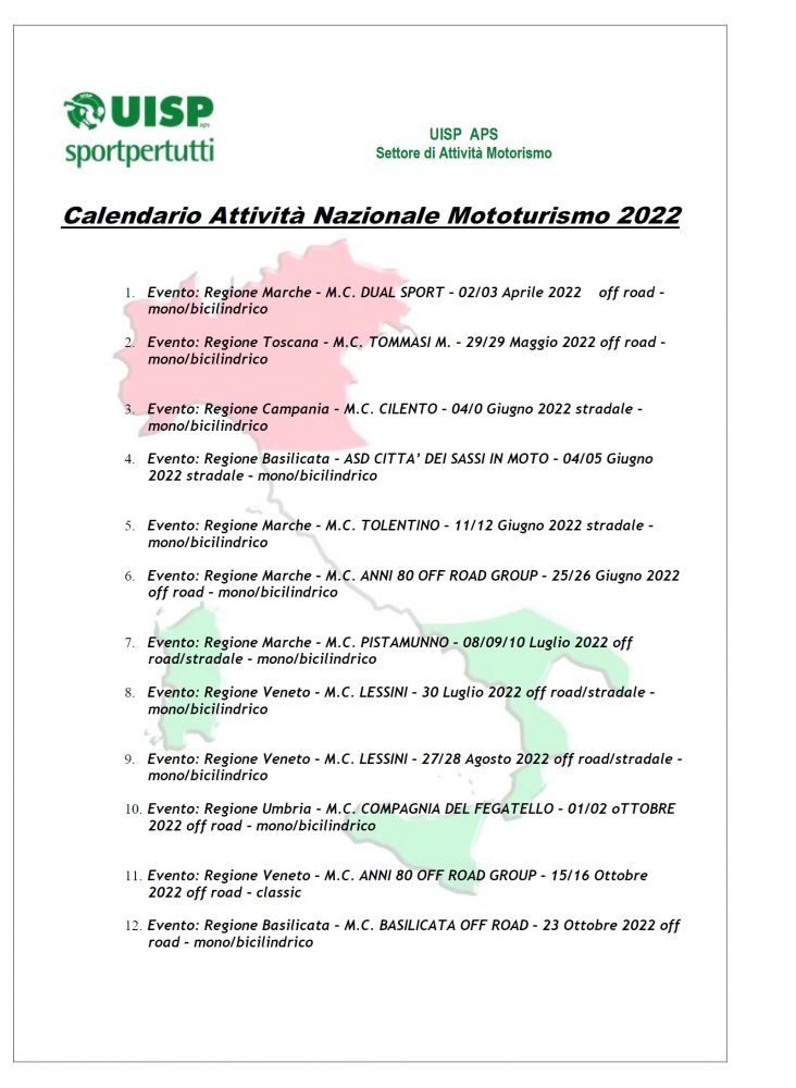 Locandina calendario nazionale 2022 mototurismo